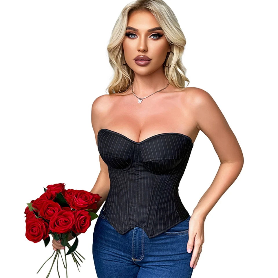Becirzet Damen Overbust-Korsett mit Reißverschluss, gestreift, Schnür-Bustier, Taillenformer, Bauchkontrolle, Shapewear, Oberteil für Bürodamen – Detail 3