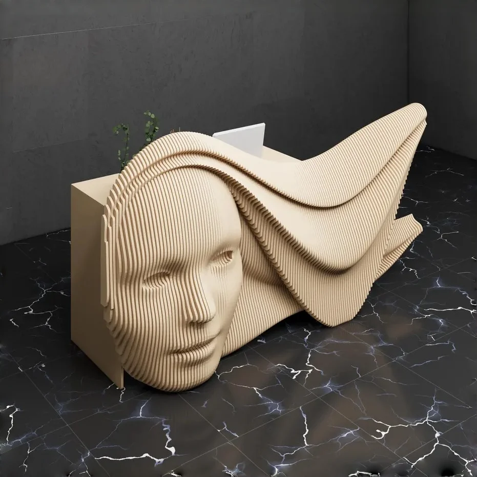 Z Artistic Wooden Reception Desk Human Face Sculpture Design Front Desk For Company Hall Hotel Lobby Beauty SalonZ