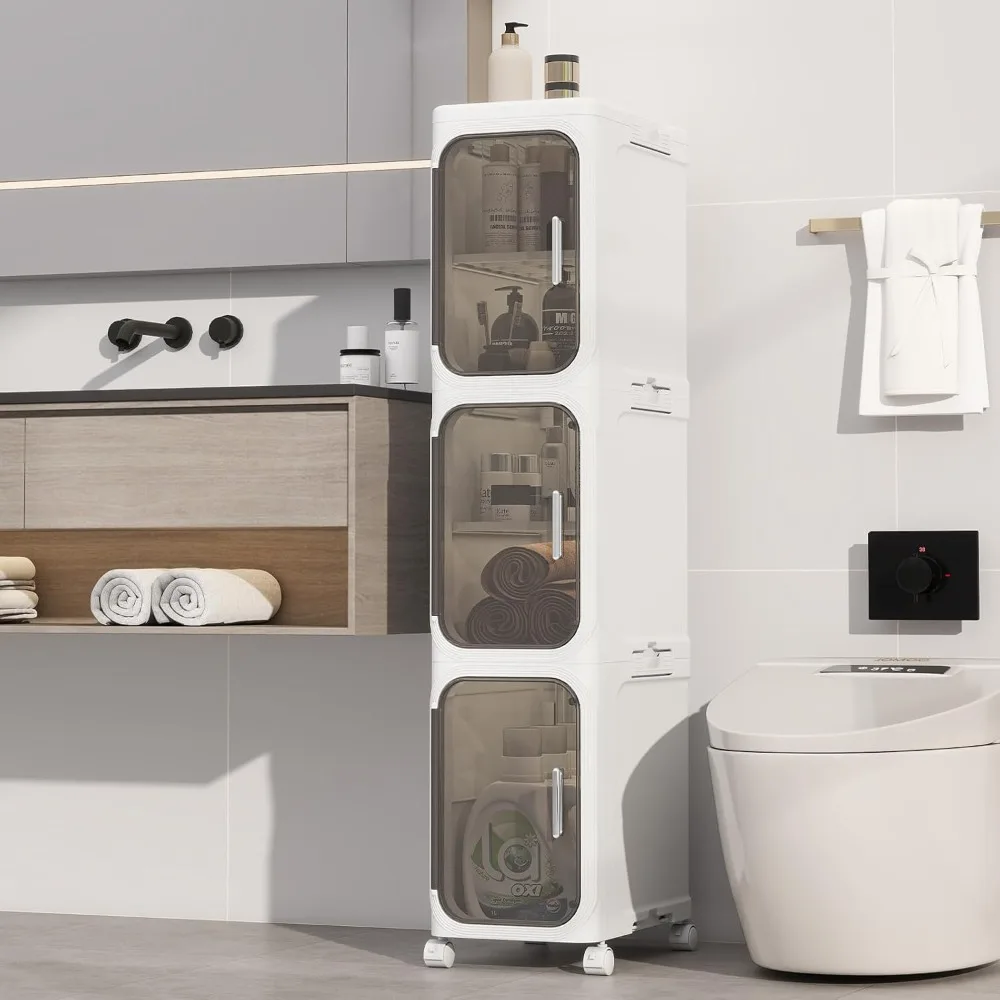 

US Shipping 3 Tiers Slim Bathroom Storage Cabinet Foldable Narrow Organizer for Small Spaces Kitchen Laundry Room White