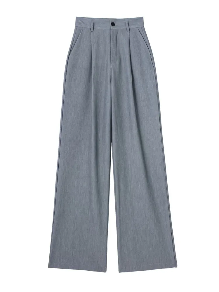 مخطط عالية الخصر السراويل المستقيمة الخريف المرأة أنيقة مطوي السراويل الطويلة السيدات موضة عادية مكتب بيج رمادي أسود السراويل #2