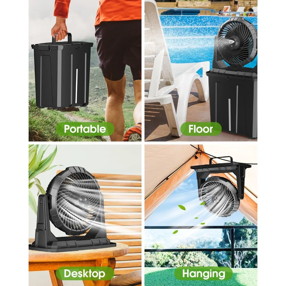 Ventilador de nebulización portátil con tanque de agua de 9l, ventiladores al aire libre de 10 pulgadas para Patios/Camping, batería recargable de 20000mAh, 3 vientos fuertes