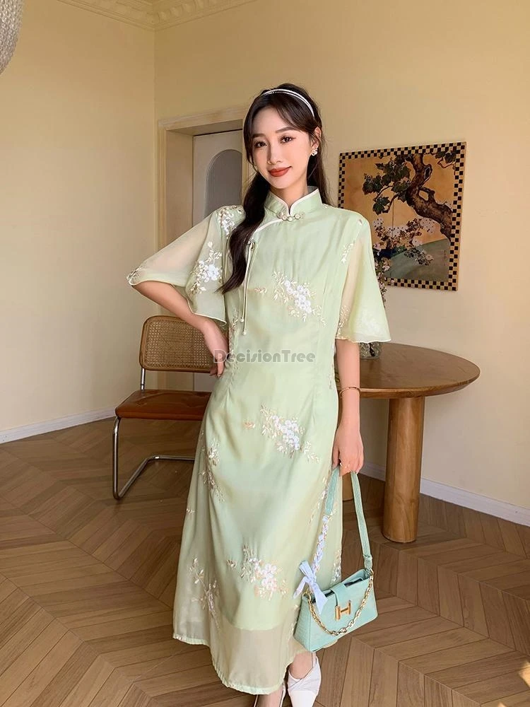 

2024 improved chinese style daily qipao floral lady jacquard loose dress stand collar diagonal front buckle half sleeve vestido