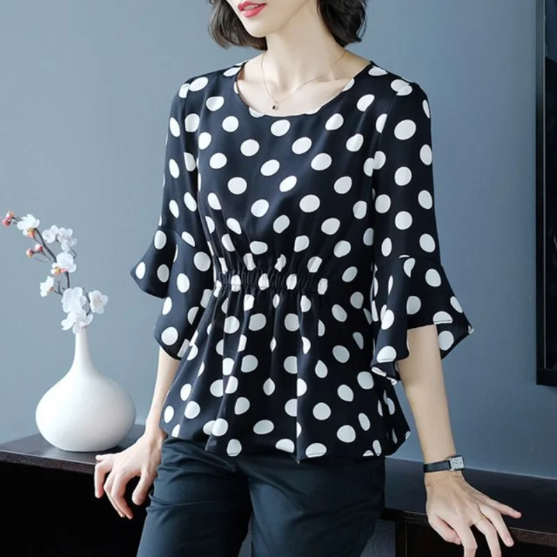 Chiffon Polka Dot Printing Shirt Tops Summer New O-Neck Loose Half Sleeve Ruffle Plus Size Blouse Vintage Casual Women Clothing