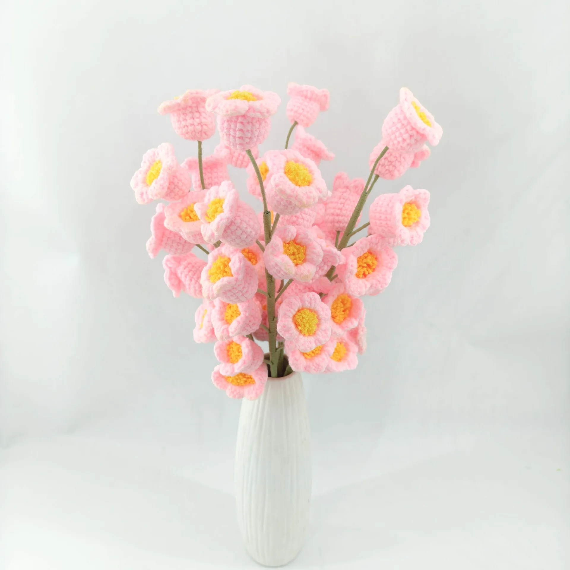 Buquê de Campanula de Crochê Feito à Mão, Flor de Campainha Rosa Tricotada para Decoração de Interiores e Presentes de Aniversário e Feriados