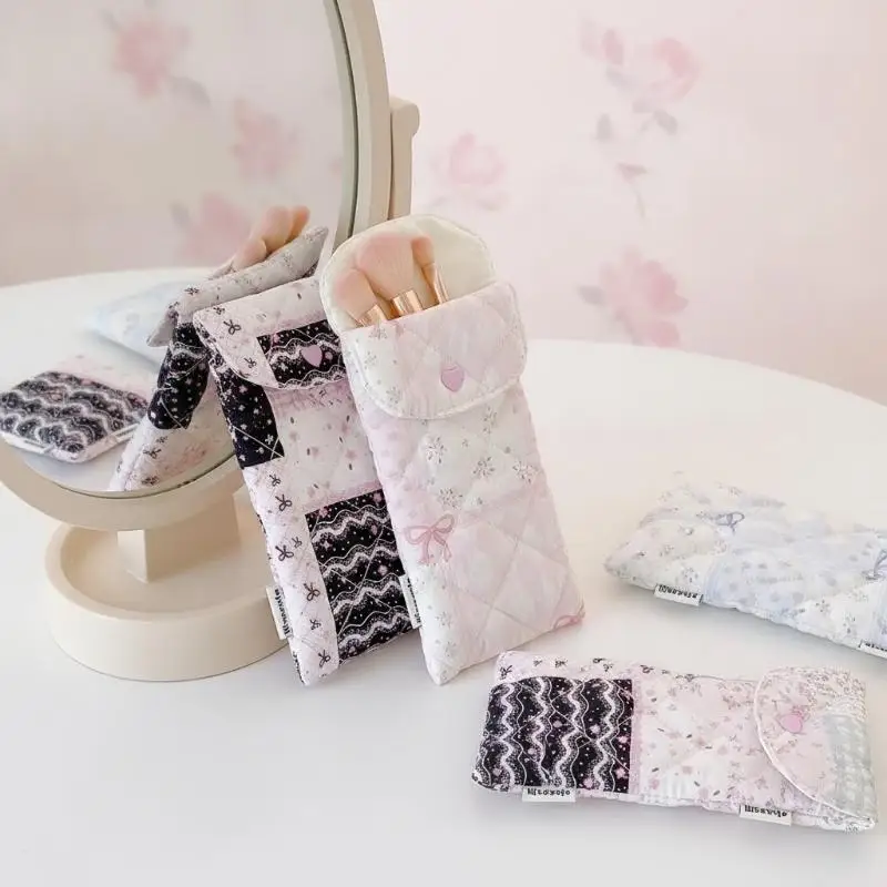 1pc Fashion Floral Bow Snap Pen Bag Student Stationery Girl Portable Glasses Storage Bag Large Capacity Travel Makeup Bag Gifts