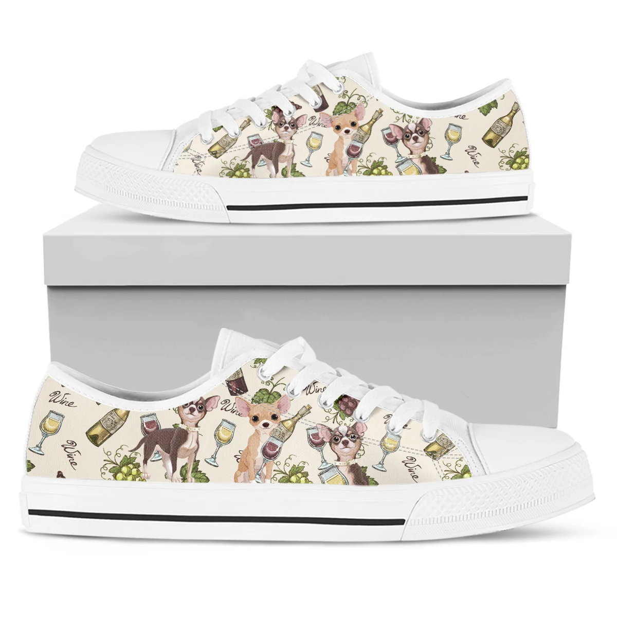 ELVISWORDS Lovely Chihuahua Pattern Lightweight Outdoor Shoes White Soft Sole Wine Glass Print Popular Low Top Women's Shoes