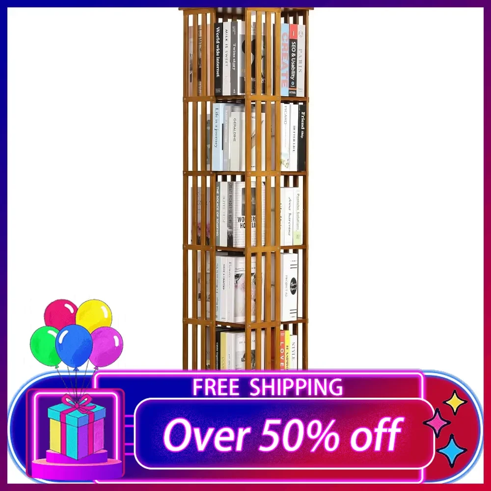 

6-Tier Rotating Bookshelf Tower, 360° Tall Floor Standing Bookcase , Bamboo Narrow Bookshelves Storage Display Rack Shelves