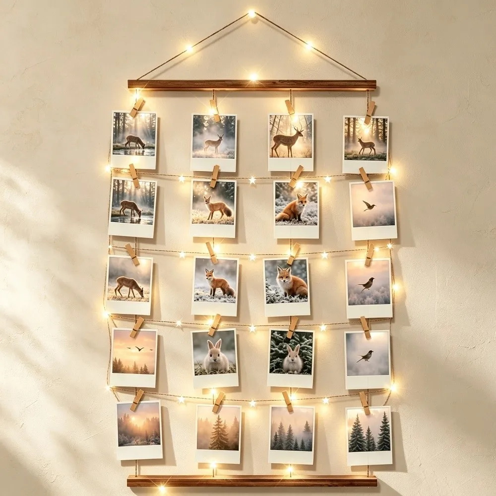 Includes Clips Hanging Photo Display Minimalist DIY Wooden Hanging Photo Clip Handcrafted Decorative Photo Collage Frame Office
