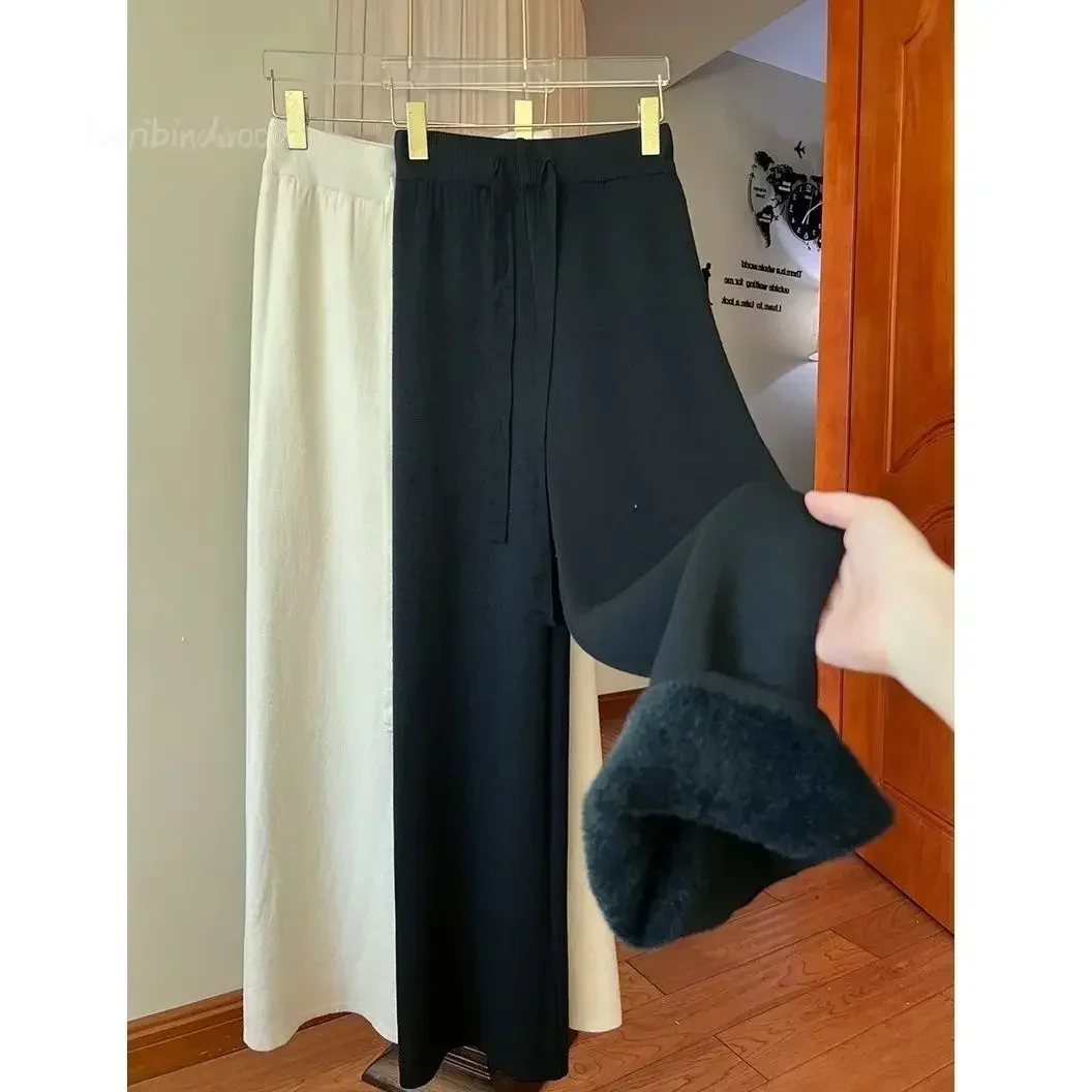 Pantalones de pierna ancha de punto Simple para mujer, Pantalones rectos gruesos de cintura alta, otoño e invierno, 2023