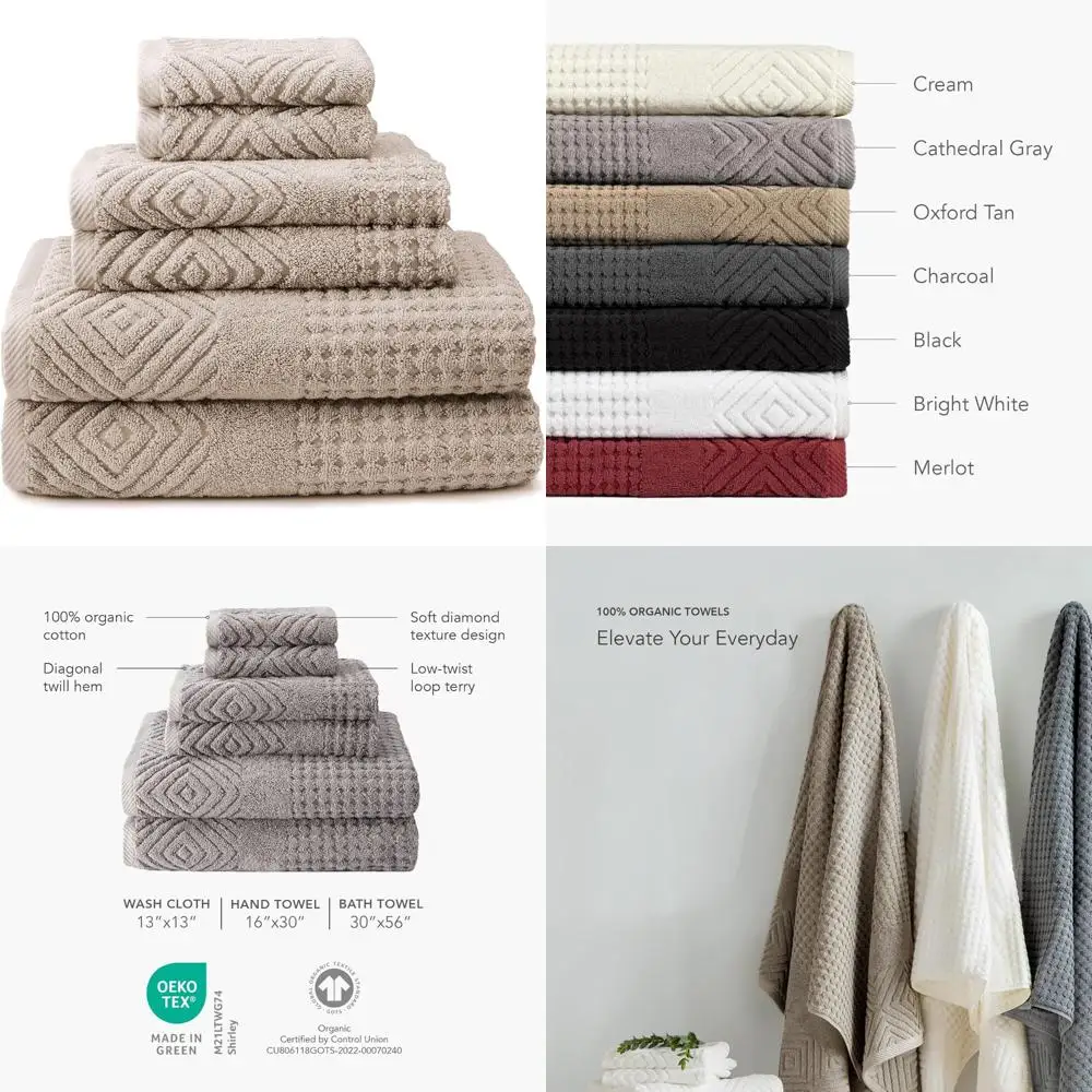 

Luxury Organic Cotton Diamond Jacquard Bath Towel Set - 700 GSM, 2 Large Towels, 2 Hand Towels, 2 Washcloths, Eco-Friendly Bathi