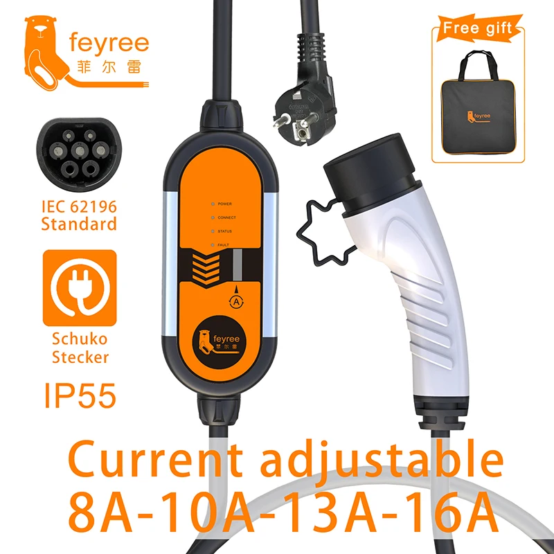 feyree Type2 EV Portable Charger 16A 3.5KW Type1 j1772 Adapter Charging Cable 5m with Schuko Plug EVSE Wallbox for Electric Car