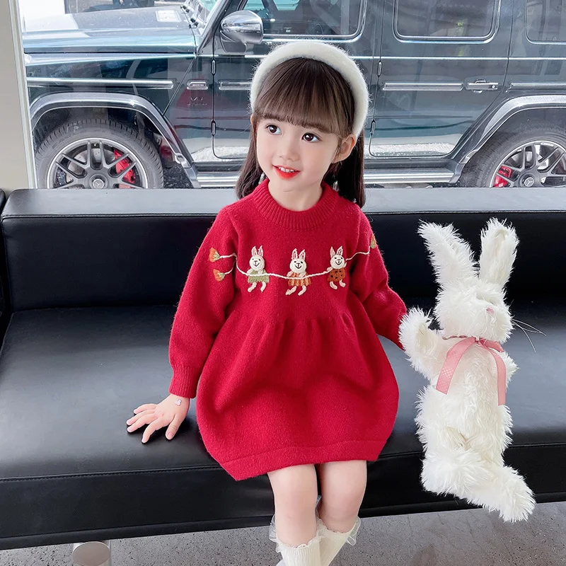 

2023 Autumn Winter Girls Long Sweaters Children Knitted Sweater Cartoon Rabbit Baby Clothing Toddler Kids Red New Year Clothes