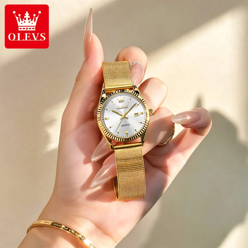OLEVS 5692 Elegance Quartz Movement Watch Women Timekeeping Date Display Classic Fluted Bezel Mesh Strap 30m Waterproof Watch
