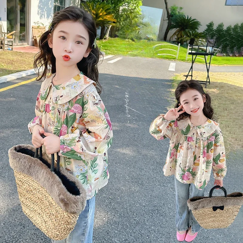 

Рубашка для девочек с цветочным принтом, Новинка осени 2024, Детская рубашка в иностранном стиле с длинными рукавами в Корейском стиле, модный топ с цветочным принтом для малышей на осень