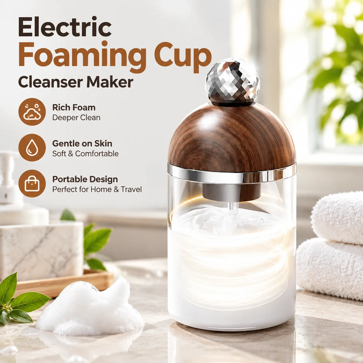 Copo elétrico para espuma, limpador facial, fabricado em madeira de nogueira, ABS, PET e silicone, portátil, 200MAH, para banho e lavagem de cabelo