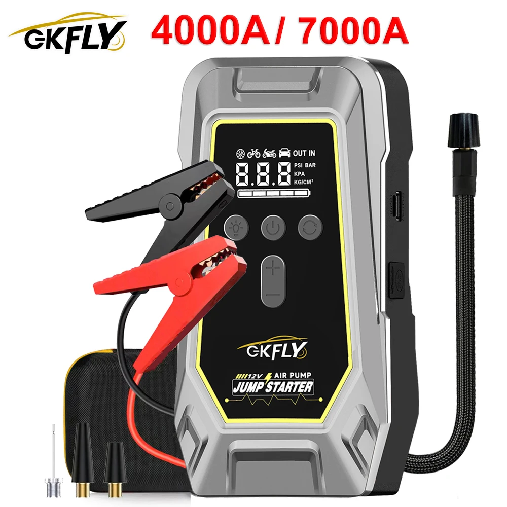 GKFLY 4000A/7000A Auto-Starthilfe mit Luftkompressor, Batterieladegerät, Notfall-Powerbank-Booster für 12-V-Fahrzeuge