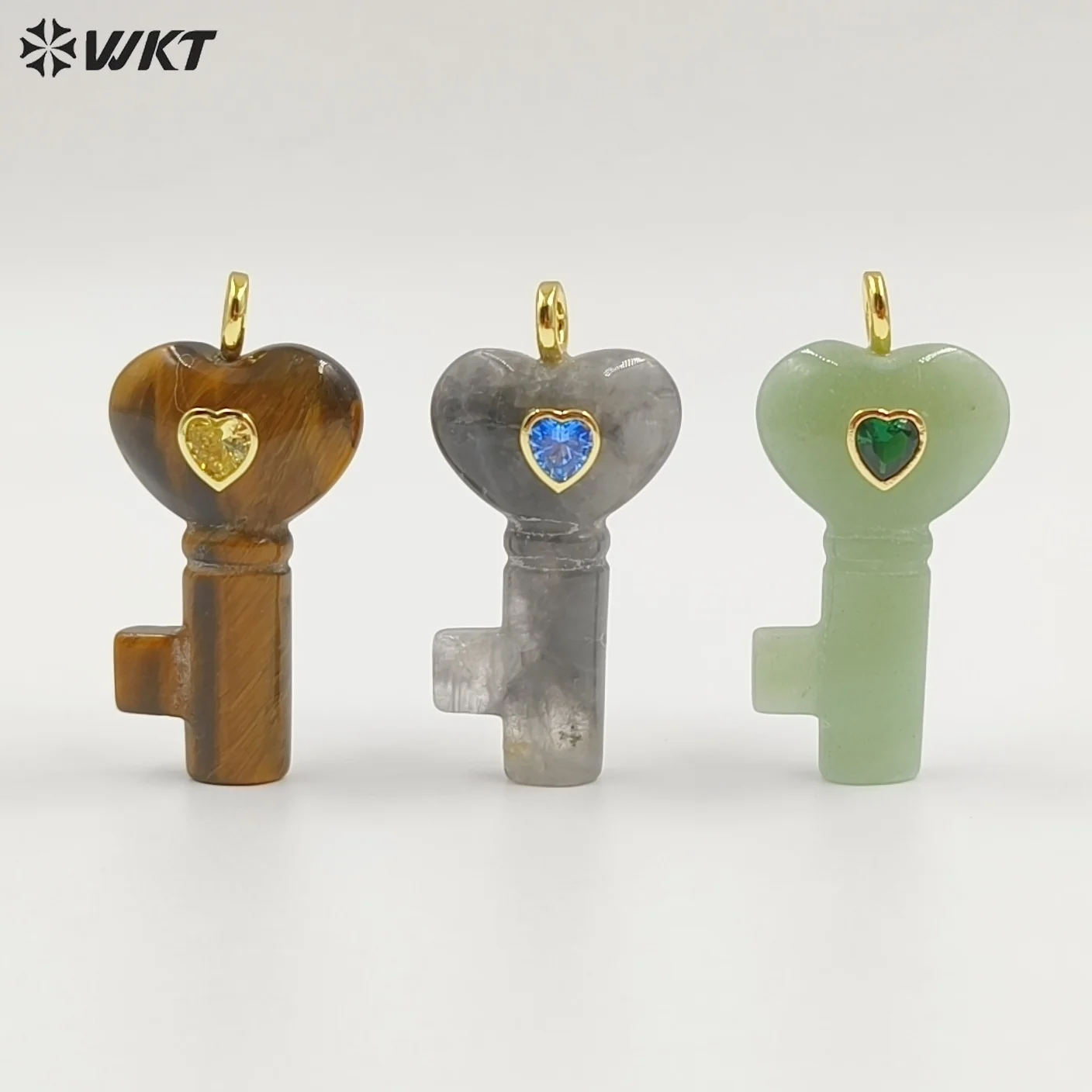 WT-P2057 New Fashion Heart Shape Colorful Zircon And Natural Gemstones Carved Key Pendants For Friend Lovely Gift Making
