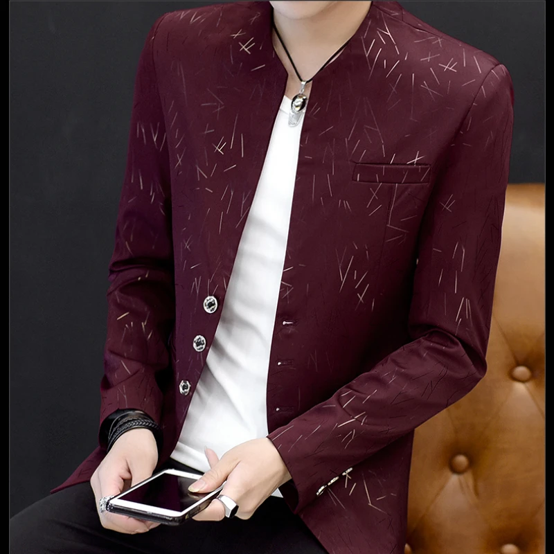 Chinese Style Collarless Suit Jacket for Men Fashion Slim Fit Casual Men Blazers Wedding Business Street Wear Social Coats