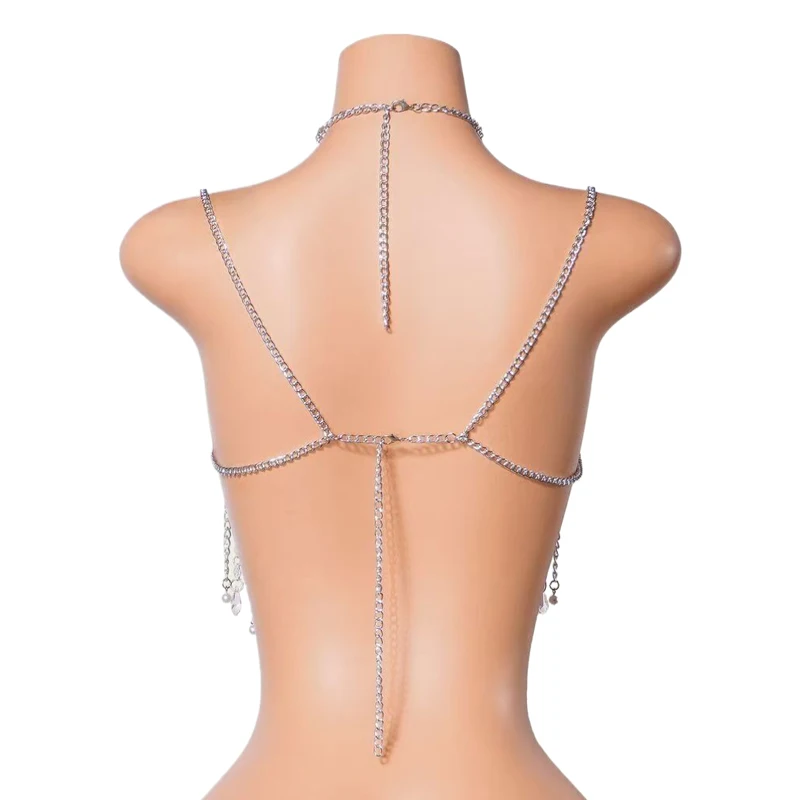 Damen Strass Perlen Quasten Körperkette Neckholder Crop Top Sexy Kristall Harness Cami Top Halloween Festival Club Party Y2K Outfit – Detail 7