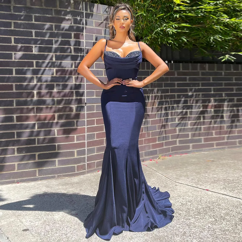 Women's Evening Dresses Dark Navy Blue Satin Sweetheart Mermaid Evening Gown Long Crystal Beads Backless Sexy Prom Dress Custom