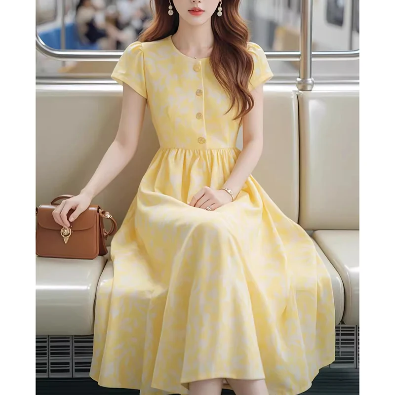 Elegantes schmal geschnittenes Midikleid mit gelbem Blumendruck für Damen, Sommer, kurzärmelig, luxuriös, lässig, schick, Vintage, Party, langes Kleid