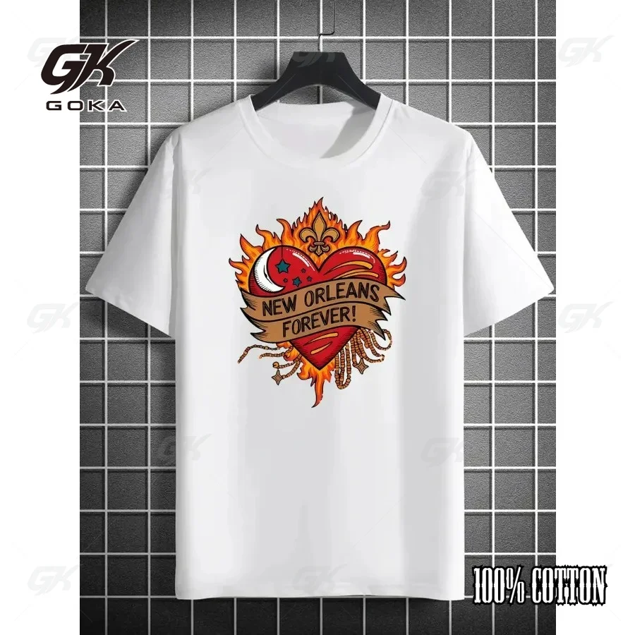 Summer Men 100% Pure Cotton New Orleans Forever Tattoo-Style Flaming Heart T-Shirt Black Casual Crewneck Short Sleeved Tops
