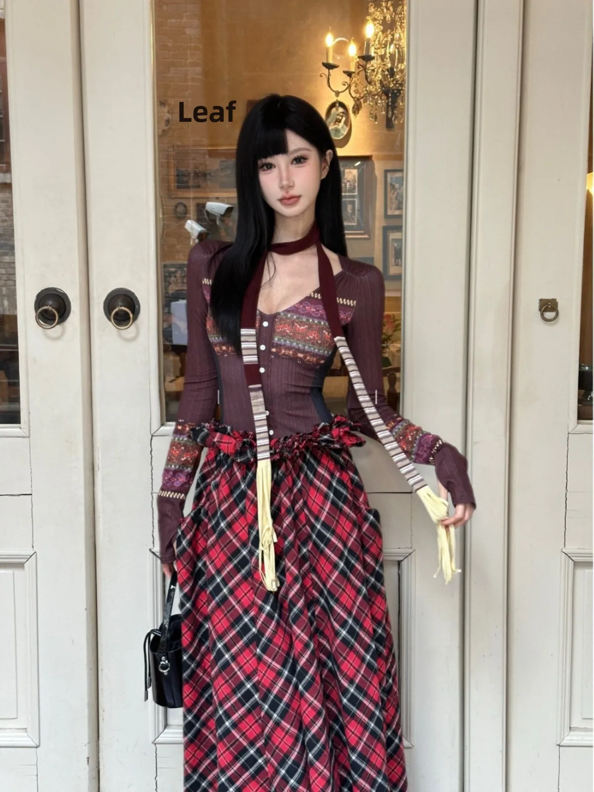 

Mint Peach A-Line Long Dress with Fair Isle Print Design High Waist Long Sleeve V-Neck Two-Piece Set Winter Fashion Dress