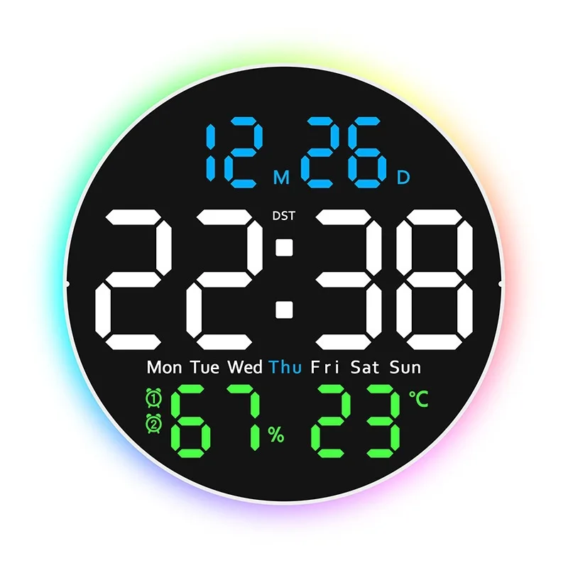 10 inch digitale wandklok met sfeerverlichting, temperatuur-, vochtigheids-, datum-, week-, timer- en helderheidsregeling, afstandsbediening, DST LED-wekker