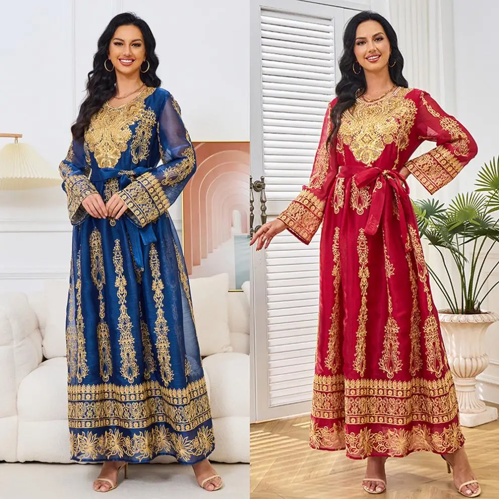 

New Arrival Oem Middle East Muslim Robe Women's Clothing New Embroidered Pattern Round Neck Large Swing Length Dress