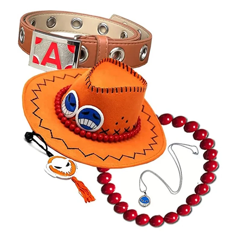 CyAnime Portgas D Ace, Accesorios de Cosplay, Sombrero, Cinturón, Pulsera, Collar, Accesorios para Juego de Roles