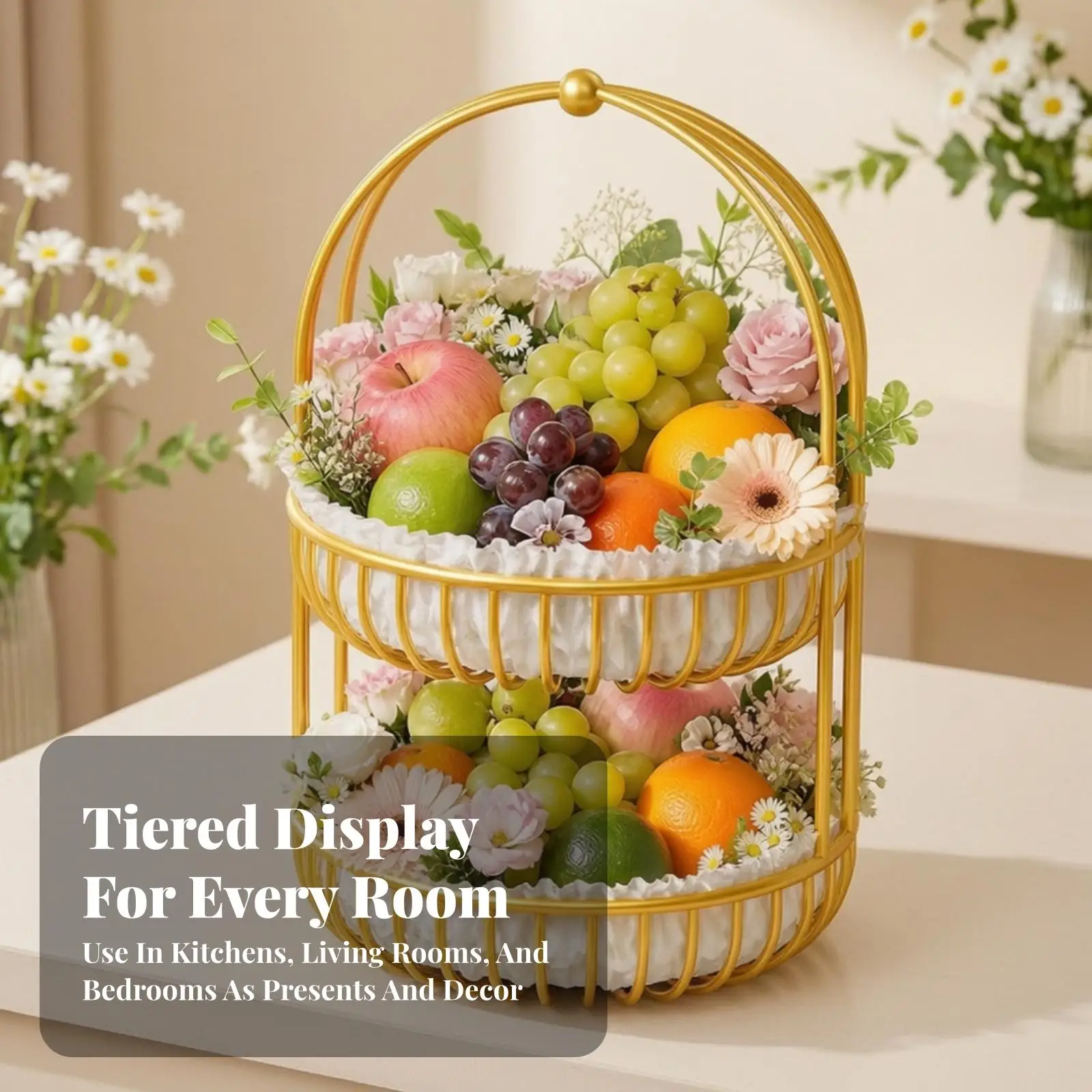 Portable Fruit Basket with Floral Textile Trim Two Tier Metal Design for Event Table Decor