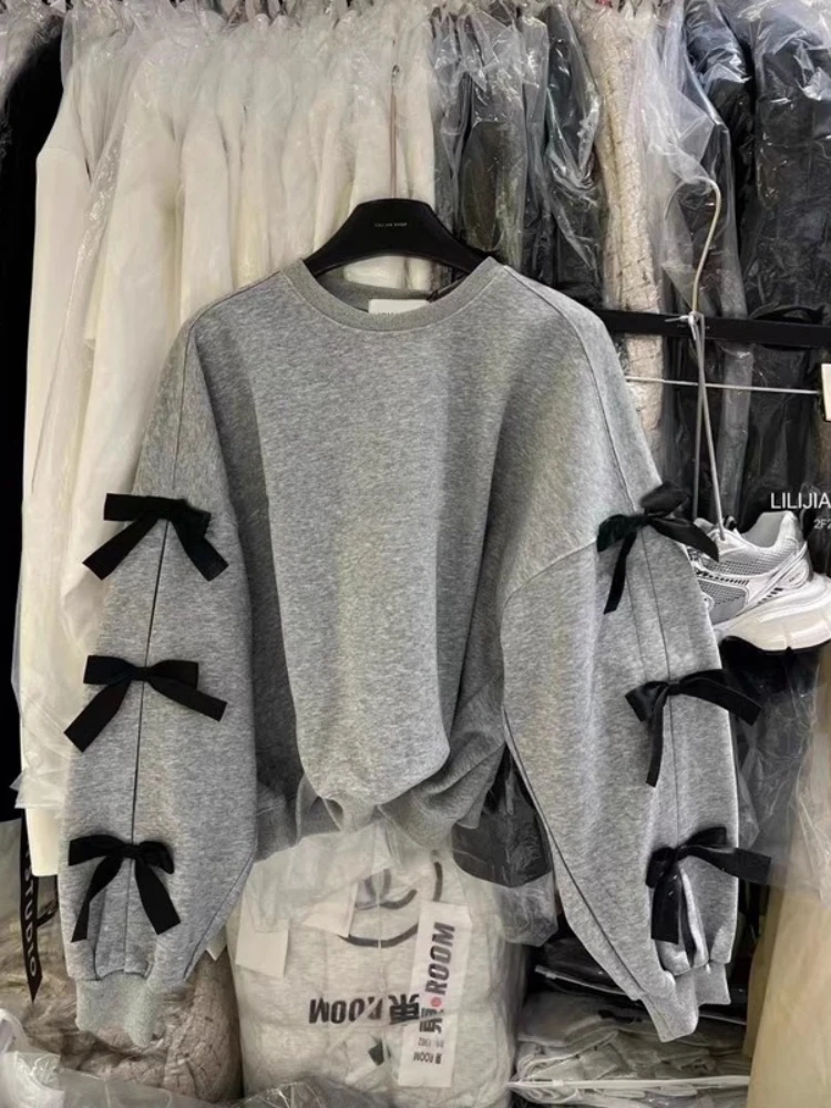 2025年韓国風レディースフーディー、オーバーサイズボウノットスウェットシャツ、キュートカジュアルプルオーバートップス、女性用秋Y2Kストリートウェア