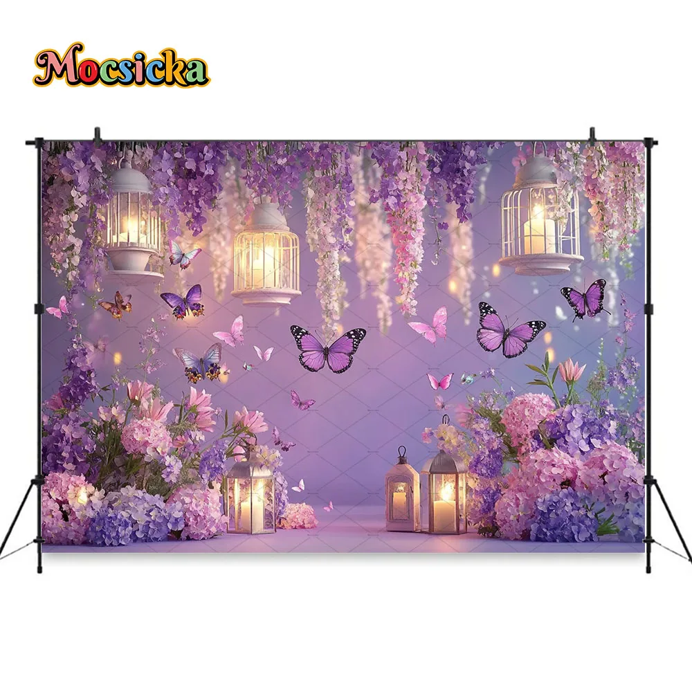 Girl Birthday Photography Background Purple Flower Wall Butterfly Candle Lantern Backdrop Baby Show Maternity Photo Studio Prop