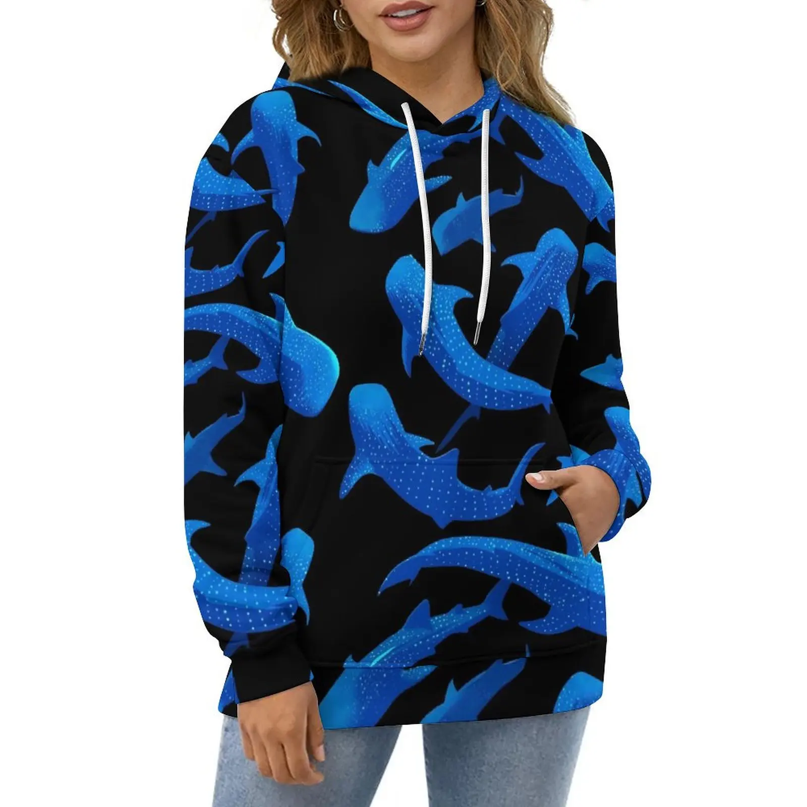 Shark Whale Hoodies Blue Animal Print Street Fashion Casual Pullover Hoodie Long Sleeve Funny Printed Sweatshirts Big Size