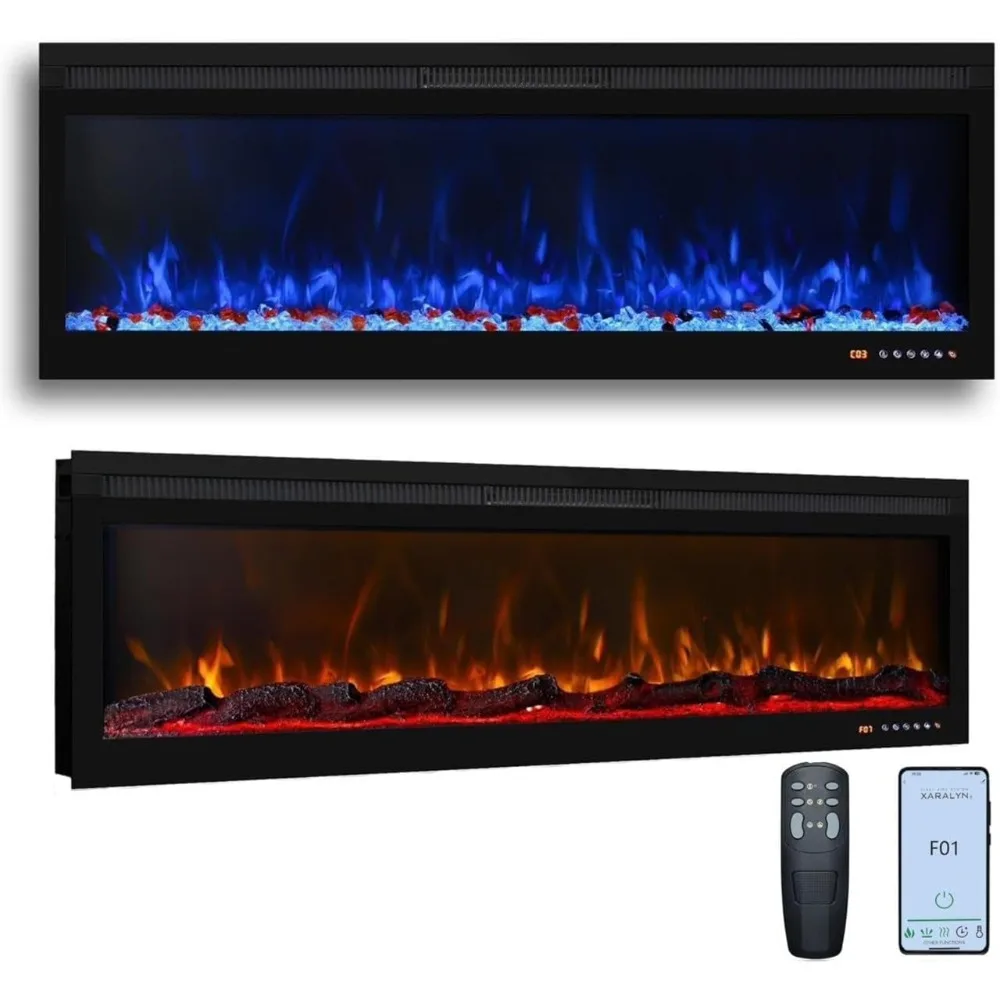 

Wi-Fi Enabled Wall Mounted and Recessed Electric Fireplace, Remote & Touch Screen, Log Set & Crystal, 13 Adjustable Flames
