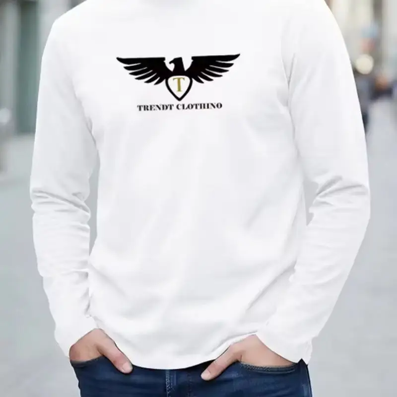 New 100% Pure Cotton Autumn Men's and Women's Long Sleeved Round Neck T-shirt, Eagle Print Symbolizes Courage and Freedom