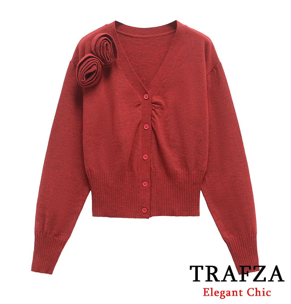 TRAFZA-Women Elegant Floral Knitted Cardigan Glamorous V-Neck Buttons Sweater New 2025 Fall Winter Romantic Picnic Date Sweater