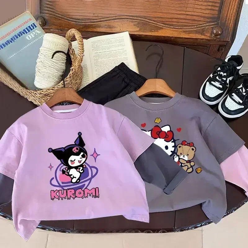 

Spring Autumn Hello Kitty Anime Kawaii MINISO Kuromi Long Sleeve Shirt Cute Cartoon Cotton Fashionable Hooded Gifts for Kids