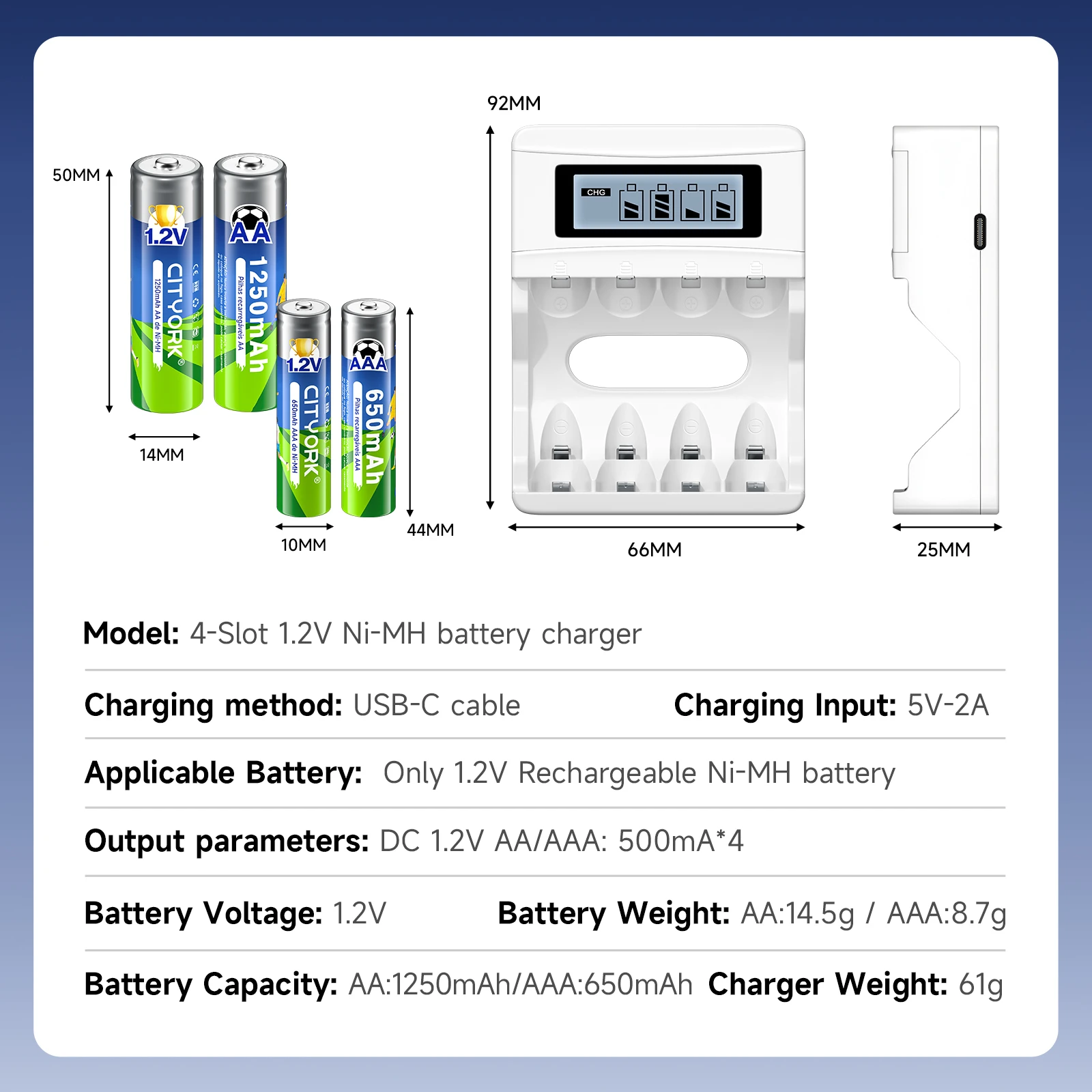 CITYORK 4-8PCS 1.2V AA AAA NI-MH Battery Charger SET 2A 1250mAh 3A 650mAh Rechargeable Battery, 4-Slots LCD Smart Battery