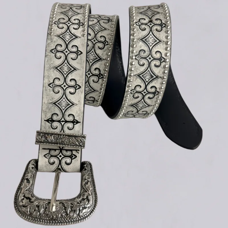 Ainworth Patterned Studded Leather Vintage Texture Vibe, Western Cowboy Belt With Embossed Studs And Beads, Retro Style