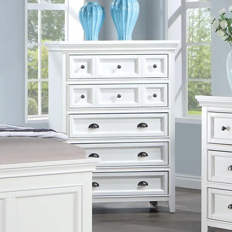 Transitional Style 1pc Chest in White Finish with 5 Drawers, Cup Handles, Round Knobs, Felt-Lined Drawers, and Ball Bearing