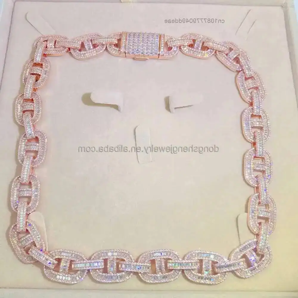 

Пользовательский багет Муассанит с бриллиантами в стиле хип-хоп, позолоченное кубинское звено цепи, широкий ледяной тяжелый кубинский браслет, ожерелье