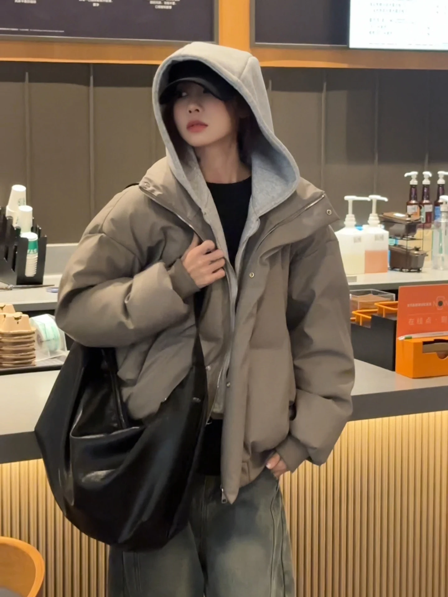

Khaki Pu Leather Puffer Jaet Men's Winter Thiened Workwear Cotton Coat American Sle Hooded ort Bread Youth Trend
