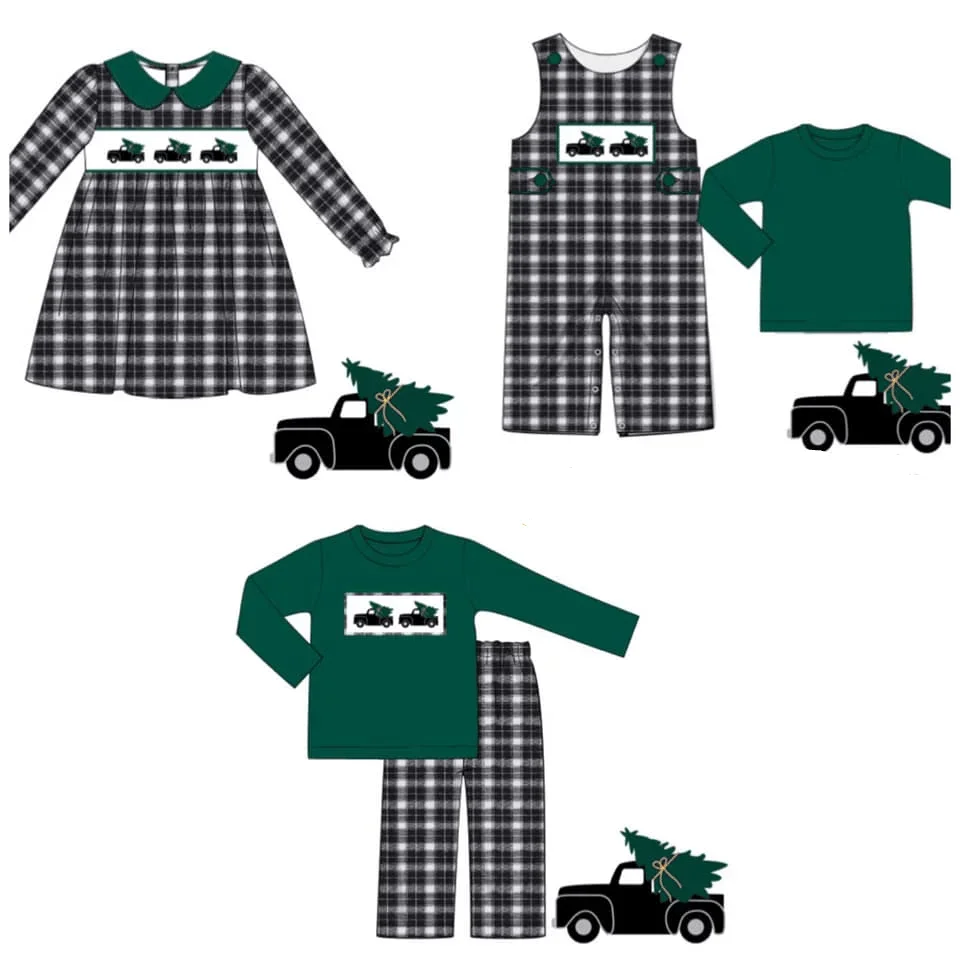 

Boutique children's set long-sleeved elastic car Christmas tree print girl dress boy plaid pants set baby carrier jumpsuit