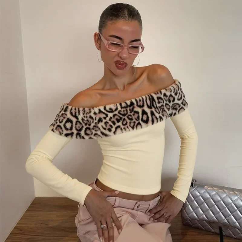 

Leopard Print Furry One-shoulder Top T-shirt For Women Sexy Slim Long Sleeve Autumn New Hot Girl Party Pullover Top