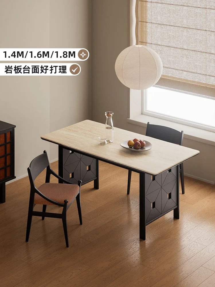 Medieval rectangular table household light luxury high-end retro solid wood rock slab countertop dining table