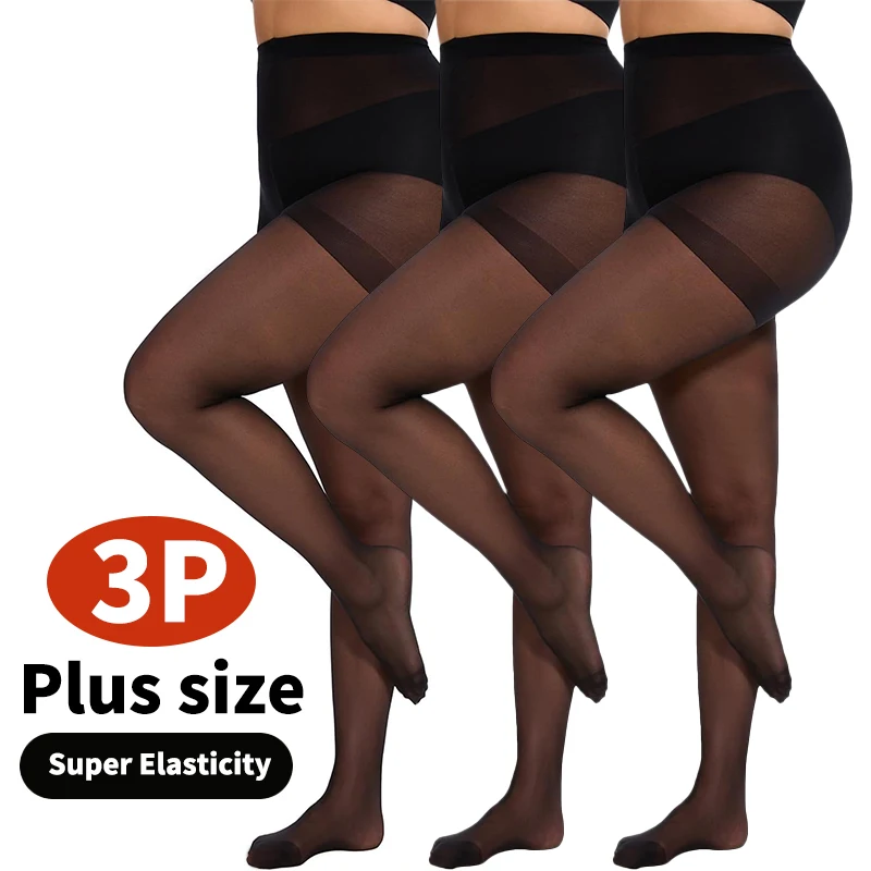 3 Pairs Plus Size Sheer Tights for Women -  Black Tights Control Top Pantyhose with Reinforced Toes, Supple Feel
