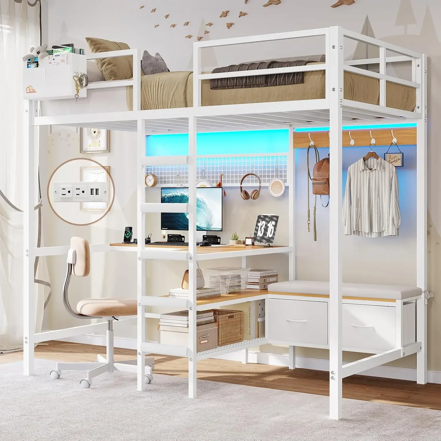 Twin Loft Bed L Shaped Desk Storage Shelves Charging Station LED Lights Coat Rack Drawers Stair Safety Guard White