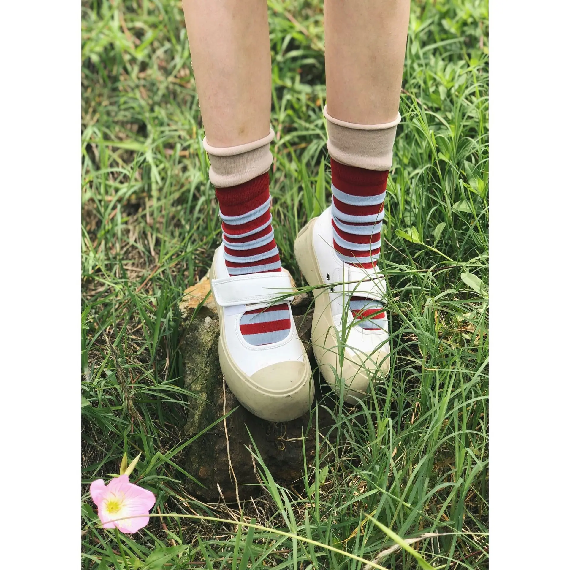 3 Pairs Unisex Patchwork Cotton socks woman girls stripe fashion slouch socks street fashion fold wear long tube socks