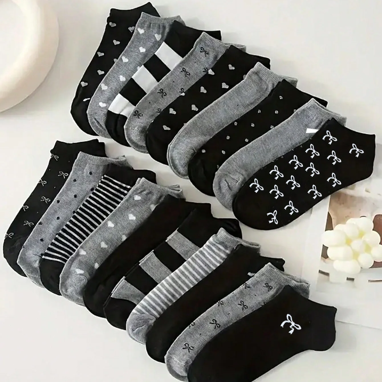 3/5/10/20 Pairs Women/Men Family Matching Short Socks, Black & Grey Series With Bow, Heart, Stripe
